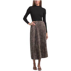 ELIE TAHARI Long Sleeve Mock Neck Mixed Media Midi Dress With Straight Pleated H